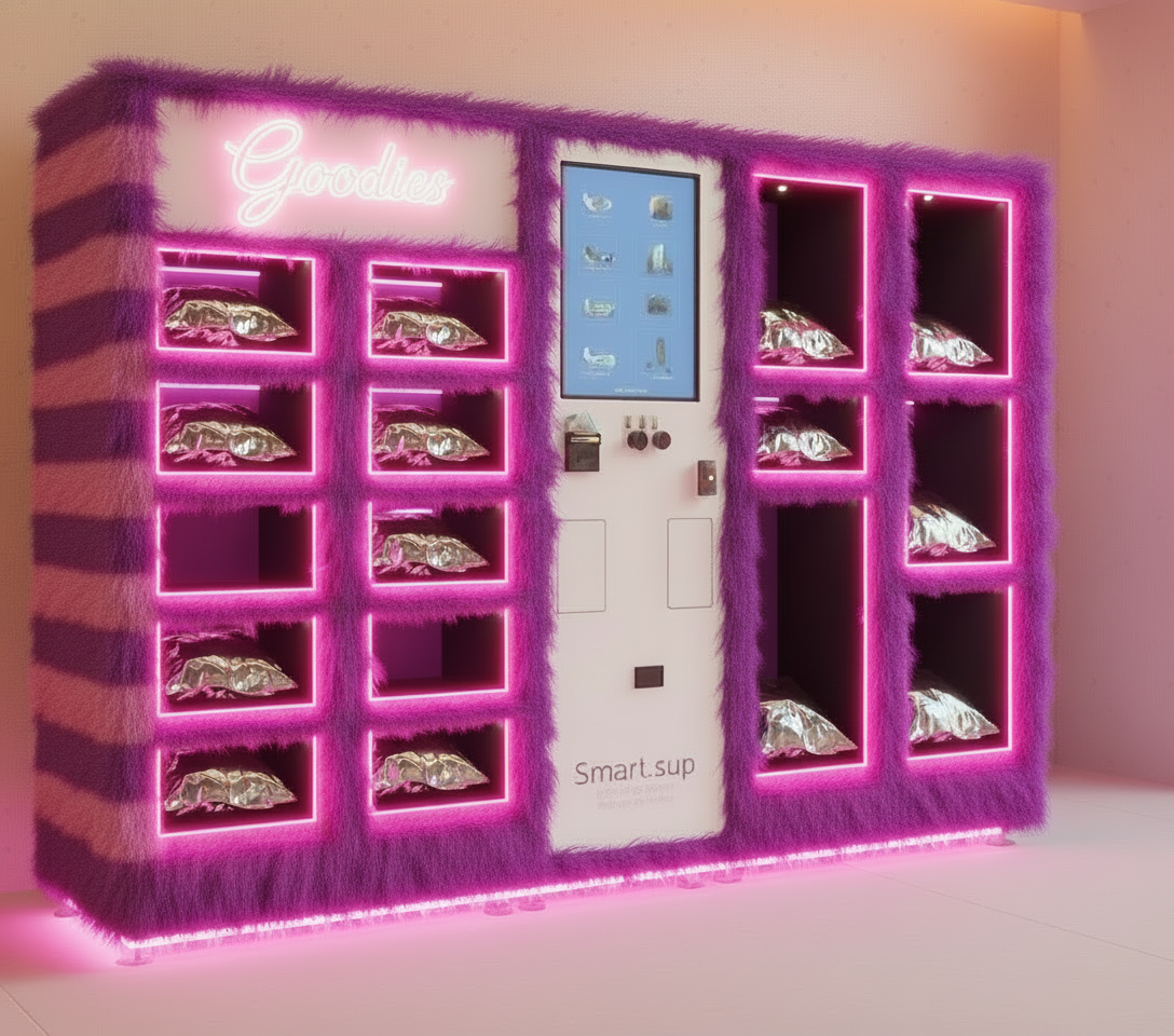 CombiVend Goodies Verkaufsautomat mit lila Kunstfell-Design und pinker LED-Beleuchtung