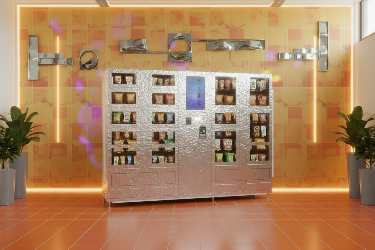 CombiVend Verkaufsautomat in silber-metallic mit eleganter Wandgestaltung und Pflanzen