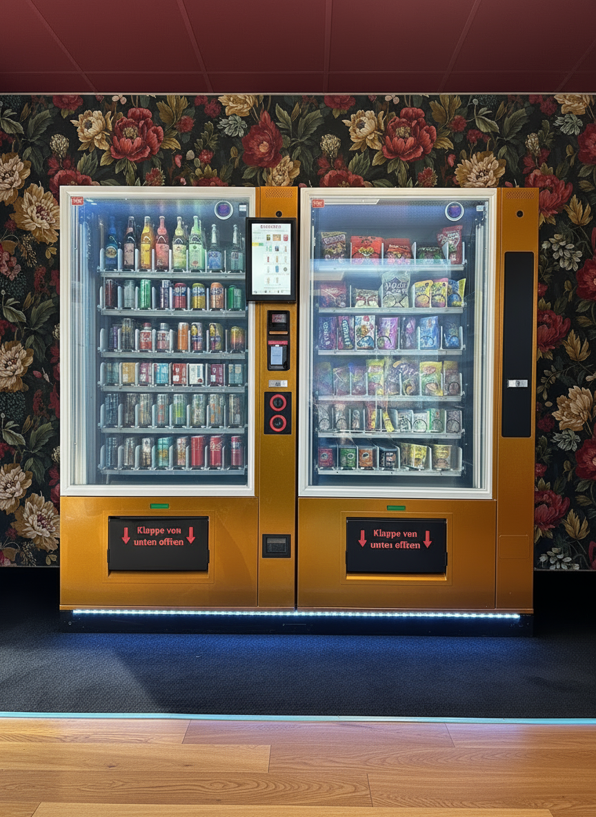 Gold/gelber Verkaufsautomat Jena mit Touchscreen und Glasfronten