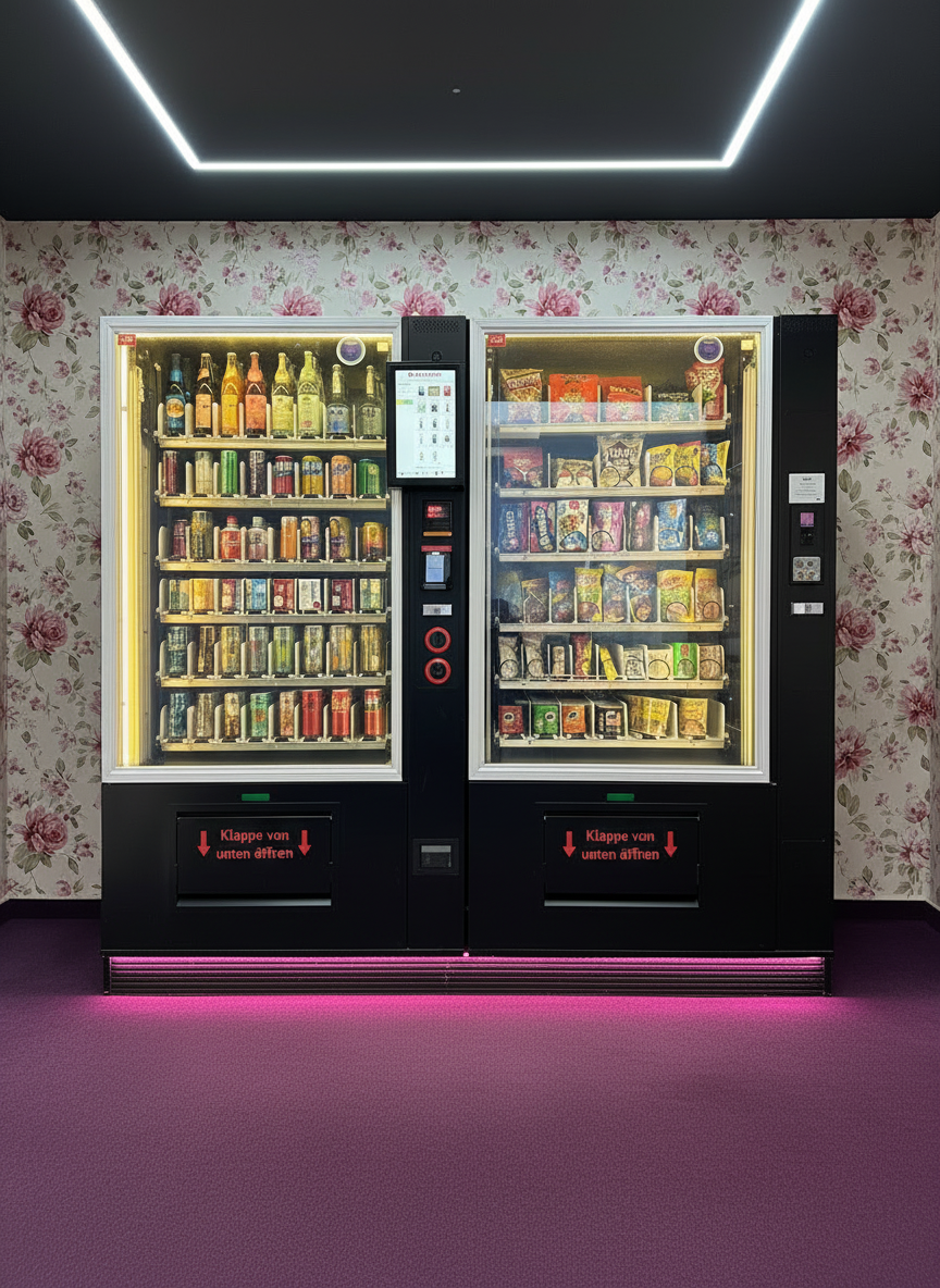 Schwarzer Verkaufsautomat mit pinker LED-Beleuchtung vor Blumentapete