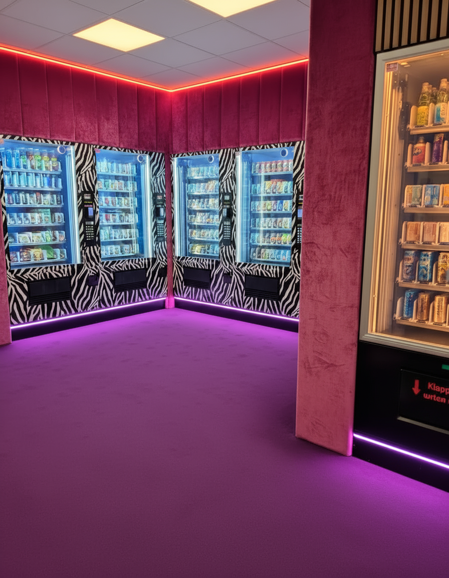 Vier Verkaufsautomaten mit Zebra-Design und pinker LED-Beleuchtung
